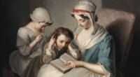 Pintura do século 18 que mostra uma mãe lendo a Bíblia com duas crianças
