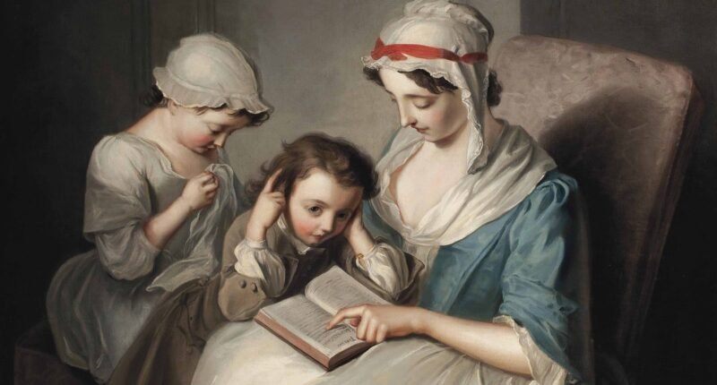 Pintura do século 18 que mostra uma mãe lendo a Bíblia com duas crianças