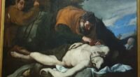 Pintura barroca do bom samaritano cuidando do homem ferido caído à beira do caminho