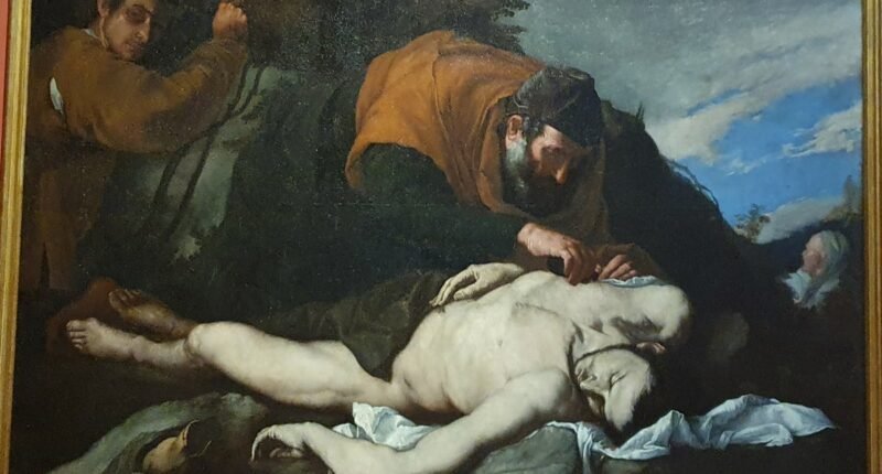Pintura barroca do bom samaritano cuidando do homem ferido caído à beira do caminho