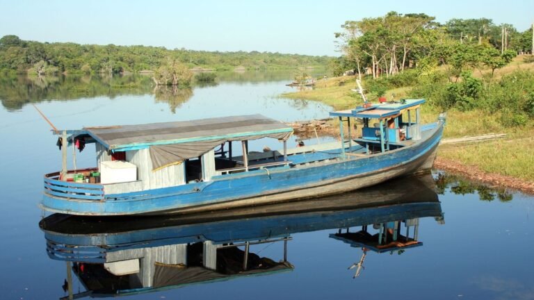 Barco de madeira azul ancorado em um rio calmo da Amazônia, com mata na margem