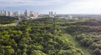 Vista aérea de Cuiabá com área verde em primeiro plano e prédios no horizonte