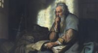 Pintura São Paulo na prisão, de Rembrandt (1627), com o apóstolo idoso sentado junto a livros, em atitude pensativa