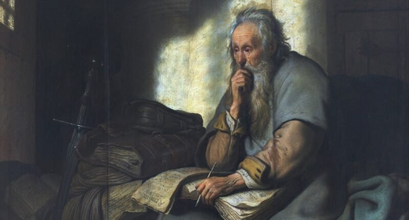 Pintura São Paulo na prisão, de Rembrandt (1627), com o apóstolo idoso sentado junto a livros, em atitude pensativa
