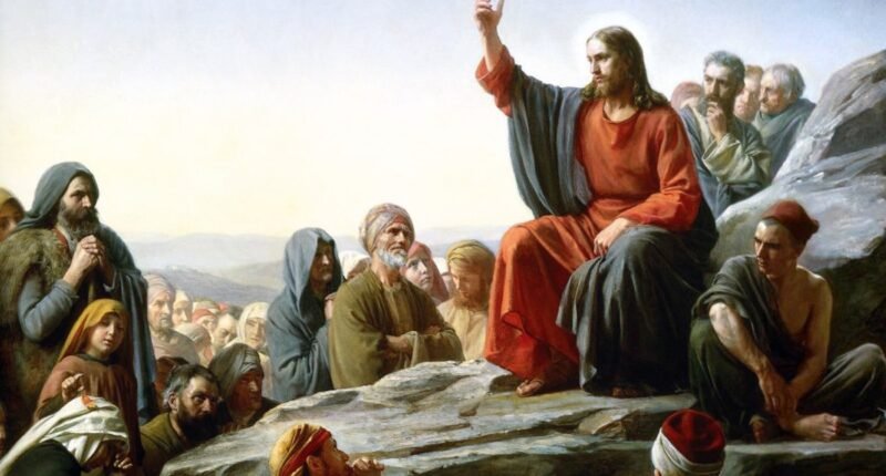 Pintura O Sermão do Monte, de Carl Bloch (1877), com Jesus ensinando a multidão sentada ao seu redor