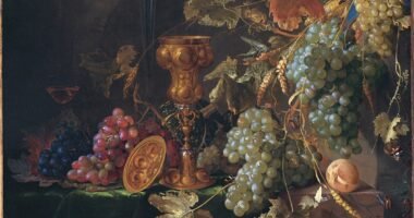 Natureza-morta de Jan Davidsz. de Heem (c. 1660) com cachos de uvas e folhas de videira