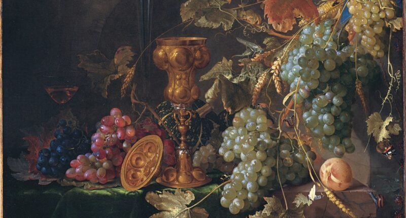 Natureza-morta de Jan Davidsz. de Heem (c. 1660) com cachos de uvas e folhas de videira