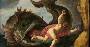 Pintura Jonas e a baleia, de Pieter Lastman (1621), mostrando Jonas sendo lançado pelo grande peixe na praia