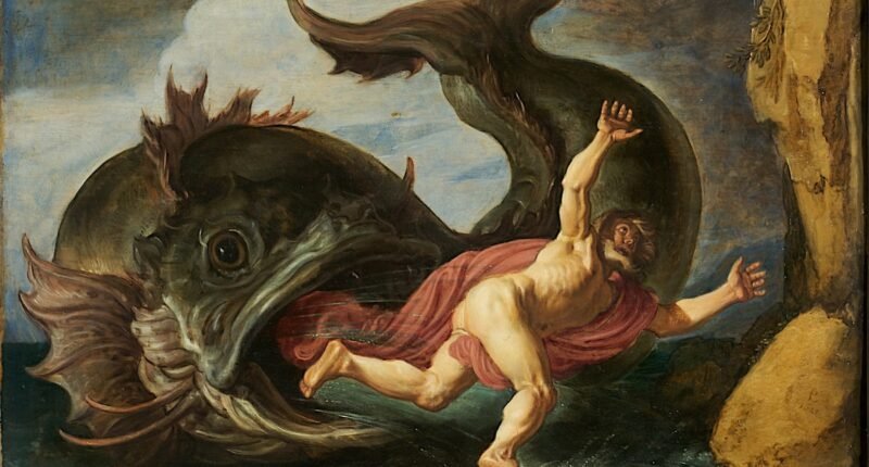 Pintura Jonas e a baleia, de Pieter Lastman (1621), mostrando Jonas sendo lançado pelo grande peixe na praia