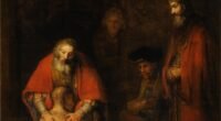 Detalhe da pintura O Retorno do Filho Pródigo, de Rembrandt, com o pai abraçando o filho ajoelhado