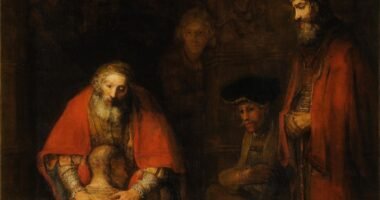 Detalhe da pintura O Retorno do Filho Pródigo, de Rembrandt, com o pai abraçando o filho ajoelhado