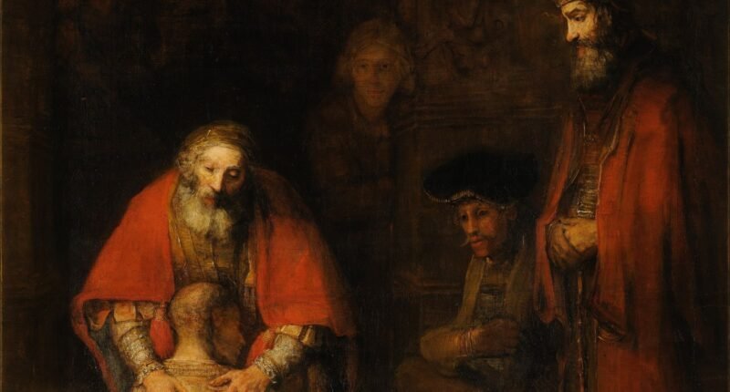 Detalhe da pintura O Retorno do Filho Pródigo, de Rembrandt, com o pai abraçando o filho ajoelhado