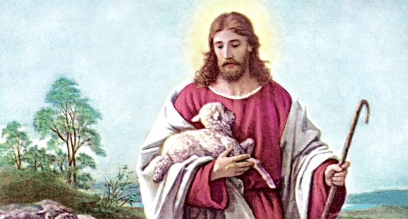 Pintura de Bernhard Plockhorst retratando Jesus como o Bom Pastor conduzindo ovelhas