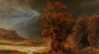 Pintura Paisagem com o Bom Samaritano, atribuída a Rembrandt (1638), com a cena do socorro em meio a uma paisagem ampla