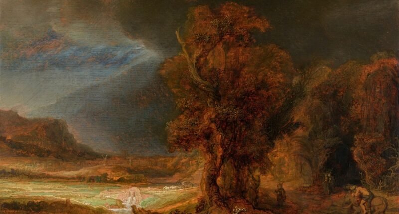 Pintura Paisagem com o Bom Samaritano, atribuída a Rembrandt (1638), com a cena do socorro em meio a uma paisagem ampla