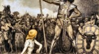 Pintura Davi e Golias, de Osmar Schindler (1888), com o jovem Davi segurando a funda diante do gigante