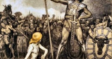 Pintura Davi e Golias, de Osmar Schindler (1888), com o jovem Davi segurando a funda diante do gigante