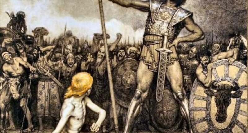 Pintura Davi e Golias, de Osmar Schindler (1888), com o jovem Davi segurando a funda diante do gigante