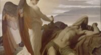 Pintura Elias no deserto, de Frederic Leighton (1877-1878), com o profeta adormecido sob o sol e um anjo trazendo alimento