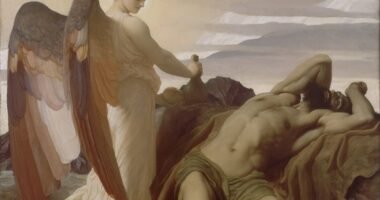 Pintura Elias no deserto, de Frederic Leighton (1877-1878), com o profeta adormecido sob o sol e um anjo trazendo alimento