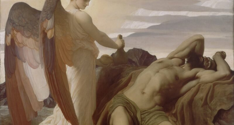 Pintura Elias no deserto, de Frederic Leighton (1877-1878), com o profeta adormecido sob o sol e um anjo trazendo alimento