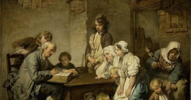 Pintura de Jean-Baptiste Greuze (c. 1755) mostrando um pai lendo a Bíblia para a família reunida em casa