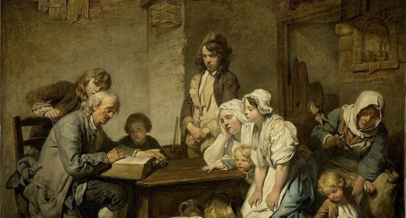 Pintura de Jean-Baptiste Greuze (c. 1755) mostrando um pai lendo a Bíblia para a família reunida em casa