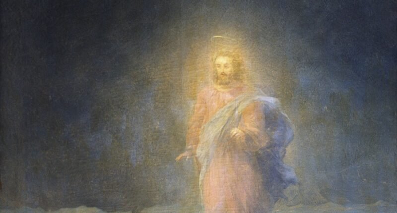 Pintura Andando sobre as águas, de Ivan Aivazovsky (1888), com Jesus caminhando sobre o mar à noite em direção ao barco