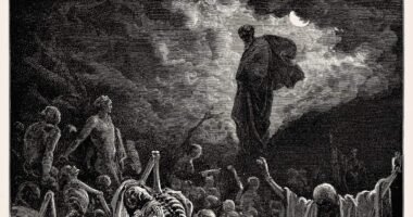 Gravura de Gustave Doré (1866) da visão de Ezequiel no vale de ossos secos, com o profeta diante dos ossos que voltam à vida