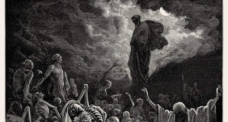 Gravura de Gustave Doré (1866) da visão de Ezequiel no vale de ossos secos, com o profeta diante dos ossos que voltam à vida