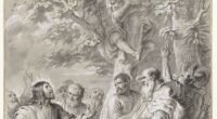 Desenho Cristo e Zaqueu, de Erasmus Quellinus II (1660), com Jesus olhando para Zaqueu no alto da árvore em meio à multidão