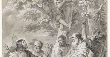 Desenho Cristo e Zaqueu, de Erasmus Quellinus II (1660), com Jesus olhando para Zaqueu no alto da árvore em meio à multidão