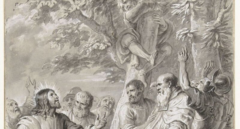 Desenho Cristo e Zaqueu, de Erasmus Quellinus II (1660), com Jesus olhando para Zaqueu no alto da árvore em meio à multidão
