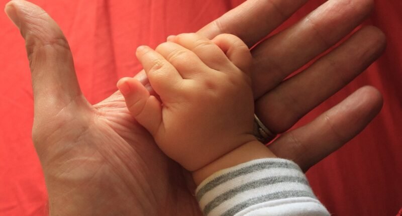 Mão de um bebê segurando o dedo de um adulto